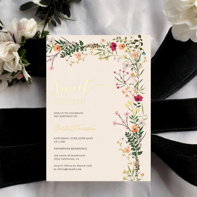 Invitación Con Relieve Metalizado Pradera bohemia flores silvestres primavera dulce  (Bohemian meadow wild flowers spring sweet 16 foil invitation)