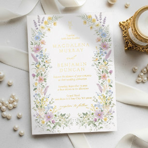 Invitación Con Relieve Metalizado Pradera de flores silvestres pastel vintage regenc