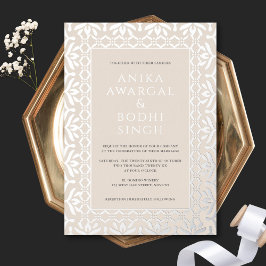 Invitación Con Relieve Metalizado Preciosa Boda India Ornata Neutro + Plata