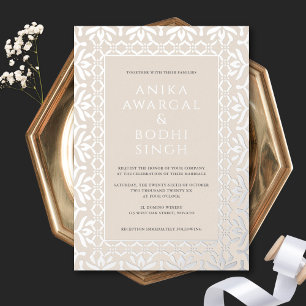Invitación Con Relieve Metalizado Preciosa Boda India Ornata Neutro + Plata
