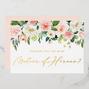 Invitación Con Relieve Metalizado Preciosas Flores Rosadas Sean Mi Dama de Honor