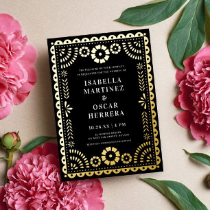 Invitación Con Relieve Metalizado Precioso Papel Picado Boda Negro + Dorado