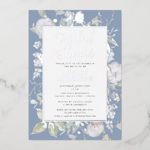 Invitación Con Relieve Metalizado Precioso Polvo Azul Botánico Bridal Shower Plata