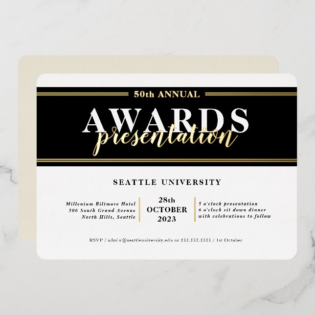 Invitación Con Relieve Metalizado PREMIOS CENA acontecimiento moderno simple lujoso  (Anverso/Reverso)