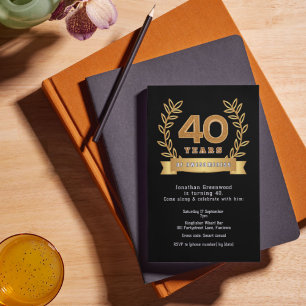 Invitación Con Relieve Metalizado Premium '40 años de genialidad' negro y dorado