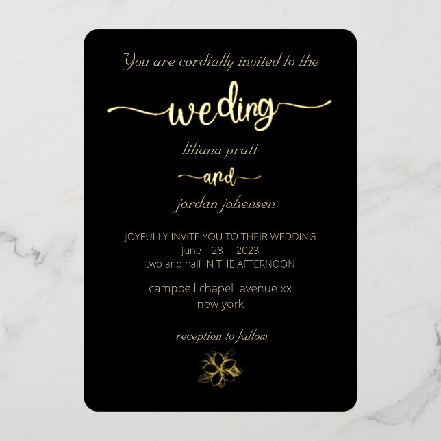 Invitación Con Relieve Metalizado Premium Real Gold Elegante Monograma Negro Relieve (Anverso)