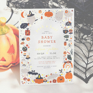 Invitación Con Relieve Metalizado Prensado de Hoja   Baby Shower de Halloween Peek A