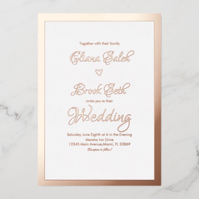 Invitación Con Relieve Metalizado Presión de Boda moderno con escritura cardiaca (Anverso)
