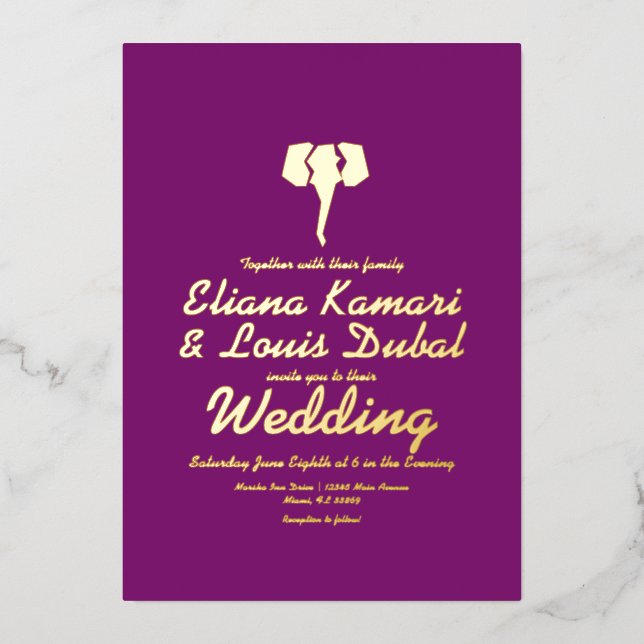 Invitación Con Relieve Metalizado Presión para elefante Boda étnico púrpura (Anverso)