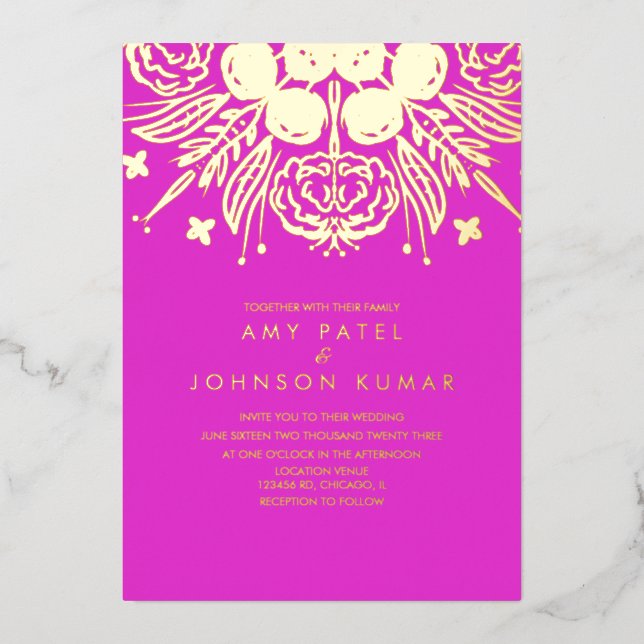 Invitación Con Relieve Metalizado Presionan a Boda hindú con mano trenzada (Anverso)