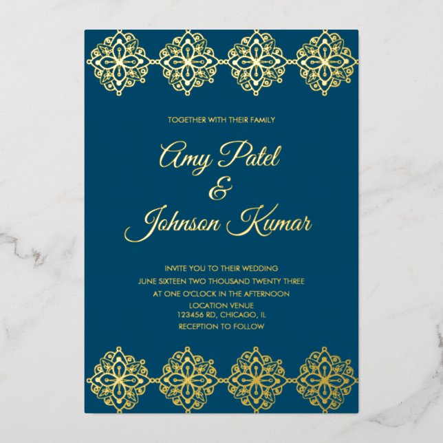 Invitación Con Relieve Metalizado Presionan a Boda indio moderno de Mandala en la fr (Anverso)