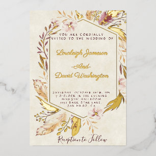 Invitación Con Relieve Metalizado Presupuesto Boho plumas boda 