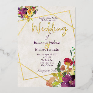 Invitación Con Relieve Metalizado Presupuesto Borgoña y floral amarilla