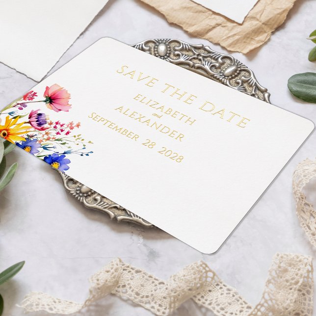 Invitación Con Relieve Metalizado Primavera Flores de boda Salven la fecha (Subido por el creador)