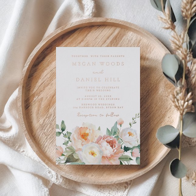 Invitación Con Relieve Metalizado Primavera Peach White Rubor Floral Boda Rosa Gold (Subido por el creador)