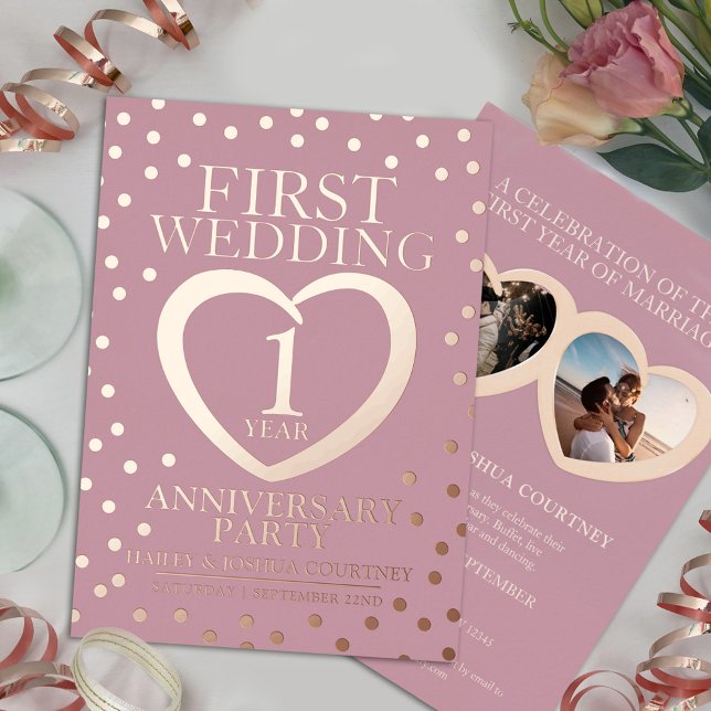 Invitación Con Relieve Metalizado Primer aniversario boda fiesta rosa rosa oro (Subido por el creador)