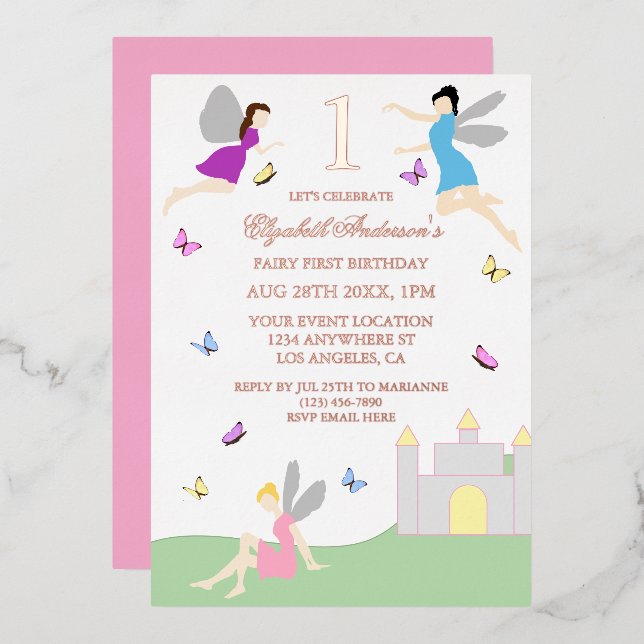 Invitación Con Relieve Metalizado Primer cumpleaños de hada (Anverso/Reverso)