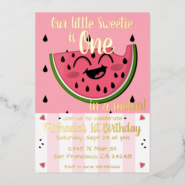 Invitación Con Relieve Metalizado Primer cumpleaños de una sandía rosada en un melón (Anverso)