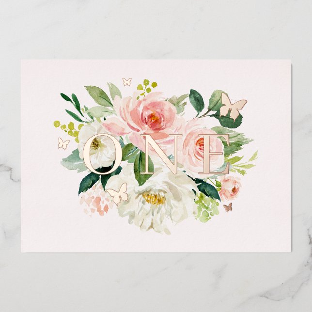 Invitación Con Relieve Metalizado Primer cumpleaños del Chica de mariposa floral ros (Anverso)