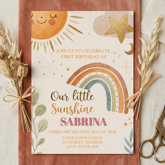 Invitación Con Relieve Metalizado Primer Cumpleaños Sol y Arcoíris Boho (Subido por el creador)