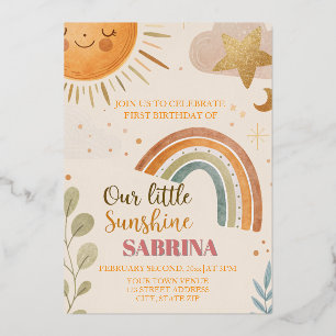 Invitación Con Relieve Metalizado Primer domingo de cumpleaños y boho arcoiris