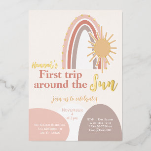 Invitación Con Relieve Metalizado Primer Viaje Alrededor del Sol Cumpleaños Boho