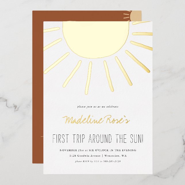 Invitación Con Relieve Metalizado Primer Viaje Alrededor Del Sol | Cumpleaños de la  (Anverso/Reverso)