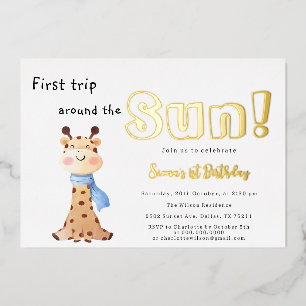Invitación Con Relieve Metalizado Primer viaje alrededor del sol jirafa 1er cumpleañ