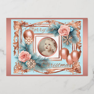 Invitación Con Relieve Metalizado Primera bebé de Navidad Pastel Rosa Retro de Oro