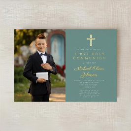 Invitación Con Relieve Metalizado Primera comunicación de Green Gold Boy Photo