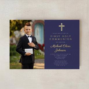 Invitación Con Relieve Metalizado Primera comunicación de Navy Blue Gold Script Boy