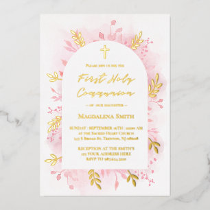 Invitación Con Relieve Metalizado Primera Comunión acuarela rosa
