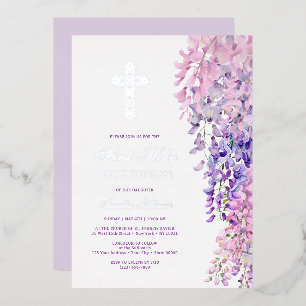 Invitación Con Relieve Metalizado Primera Comunión Acuarela Wisteria