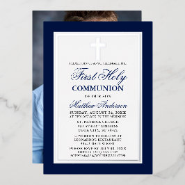 Invitación Con Relieve Metalizado Primera Comunión Azul Foto Cruz de Plata