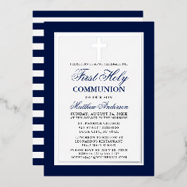 Invitación Con Relieve Metalizado Primera comunión azul franjas cruzadas plata