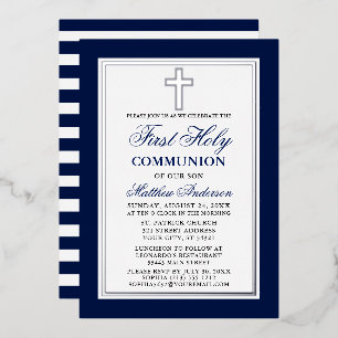 Invitación Con Relieve Metalizado Primera comunión azul franjas cruzadas plata