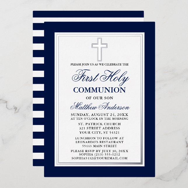 Invitación Con Relieve Metalizado Primera comunión azul franjas cruzadas plata (Anverso/Reverso)