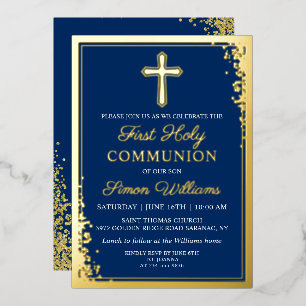 Invitación Con Relieve Metalizado Primera Comunión Azul Marino Purpurina Dorada Real
