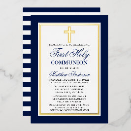 Invitación Con Relieve Metalizado Primera Comunión Azul Rayas Cruz Dorado