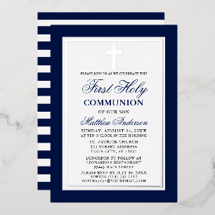 Invitación Con Relieve Metalizado Primera Comunión Azul Rayas Cruz Plata