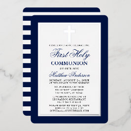 Invitación Con Relieve Metalizado Primera Comunión Azul Rayas Marco de Plata