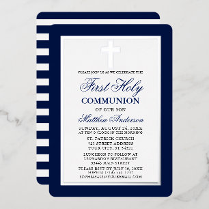 Invitación Con Relieve Metalizado Primera Comunión Azul Rayas Marco de Plata