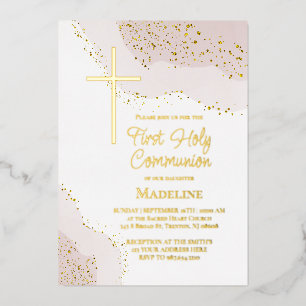 Invitación Con Relieve Metalizado Primera Comunión beige rosa oscuro acuarela