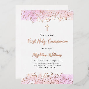 Invitación Con Relieve Metalizado Primera Comunión con acuarela rosa