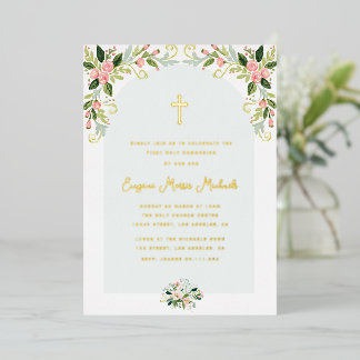 Invitación Con Relieve Metalizado Primera comunión con texto dorado floral moderno