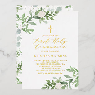 Invitación Con Relieve Metalizado Primera Comunión con Verdor y Flores Blancas