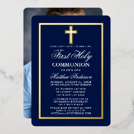 Invitación Con Relieve Metalizado Primera Comunión Cruz Foto Azul Marino Dorado