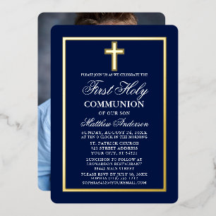 Invitación Con Relieve Metalizado Primera Comunión Cruz Foto Azul Marino Dorado