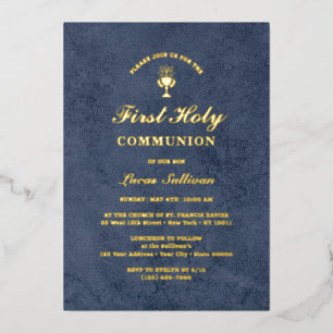 Invitación Con Relieve Metalizado Primera Comunión de Canica de Terciopelo Azul