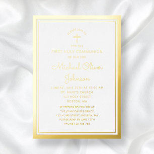 Invitación Con Relieve Metalizado Primera comunión de elegante guión dorado